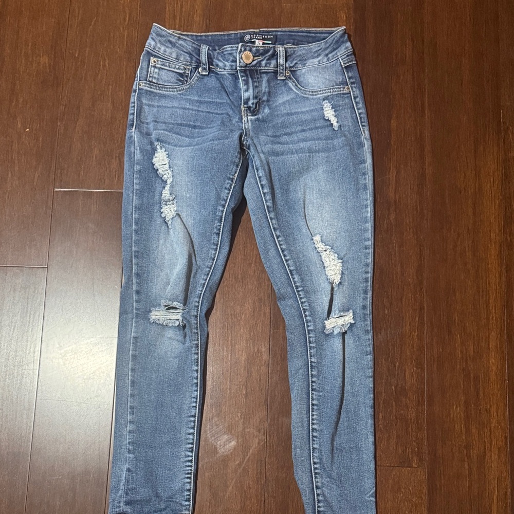 Boom Boom Low Rise Jeans Distressed Skinny Jeans in Medium Blue